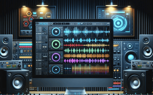 audio mastering station with speakers and a monitor