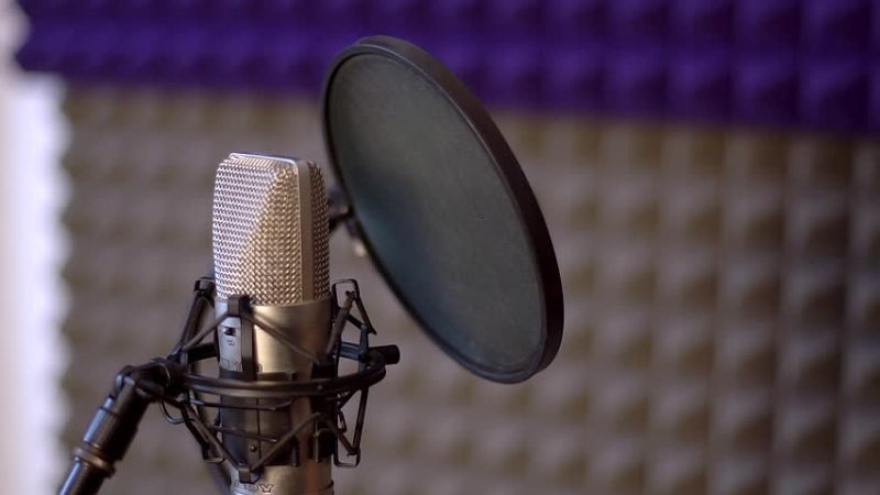 Studio condenser microphone with a pop filter positioned in front, set up for vocal recording against a sound-treated acoustic foam background.