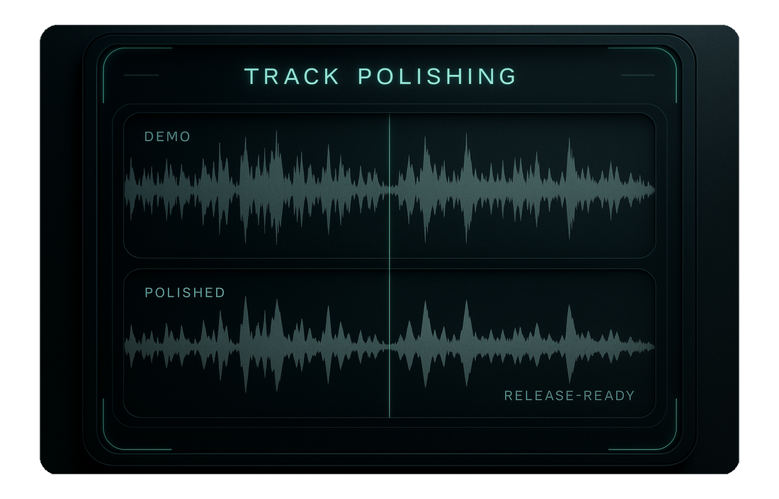 Graphic showing “Track Polishing” with audio waveforms comparing a demo version to a polished, release-ready version.