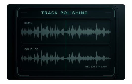 Graphic showing “Track Polishing” with audio waveforms comparing a demo version to a polished, release-ready version.