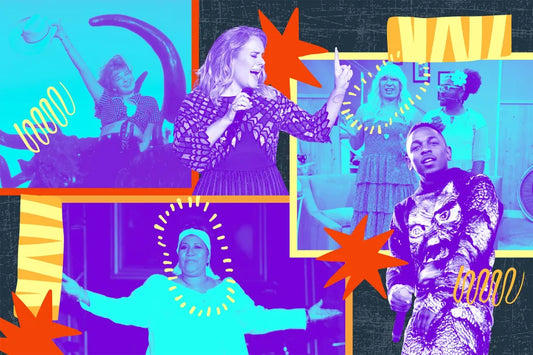 Colorful pop art style collage of multiple music performers in vibrant teal, purple, and orange tones, decorated with bold graphic elements including stars and burst shapes against a dark background
