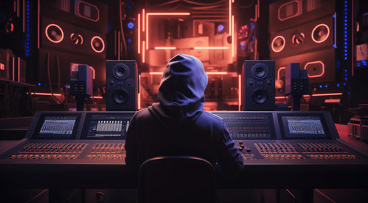 A person wearing a hoodie sits at a high-tech audio mixing console in a neon-lit studio, surrounded by large speakers, glowing screens, and futuristic sound equipment.