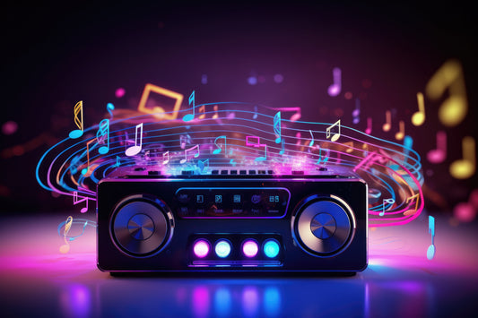 Colorful digital stereo system with glowing neon buttons and floating music notes, symbolizing vibrant audio mixing and modern music production.