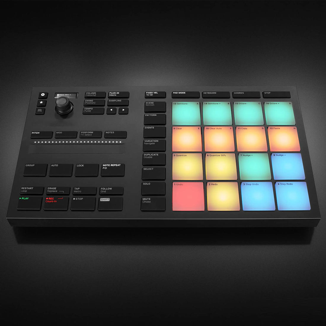 Compact music production controller with illuminated drum pads and sequencing controls.