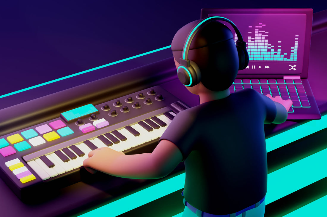 3D illustration of a music producer using a MIDI keyboard and laptop with headphones, mixing digital audio in a neon-lit studio setup.
