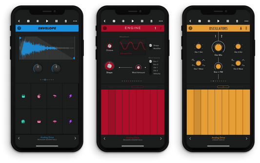 Mobile music production app interface showing synth controls, oscillators, and audio envelope settings on smartphones.