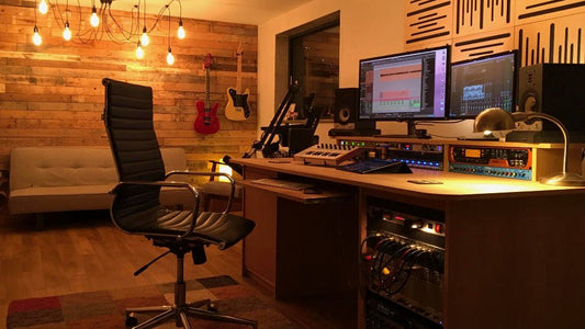 Warmly lit music recording studio with dual monitors, audio mixing equipment, guitars mounted on a wooden wall, and a swivel chair at the production desk.