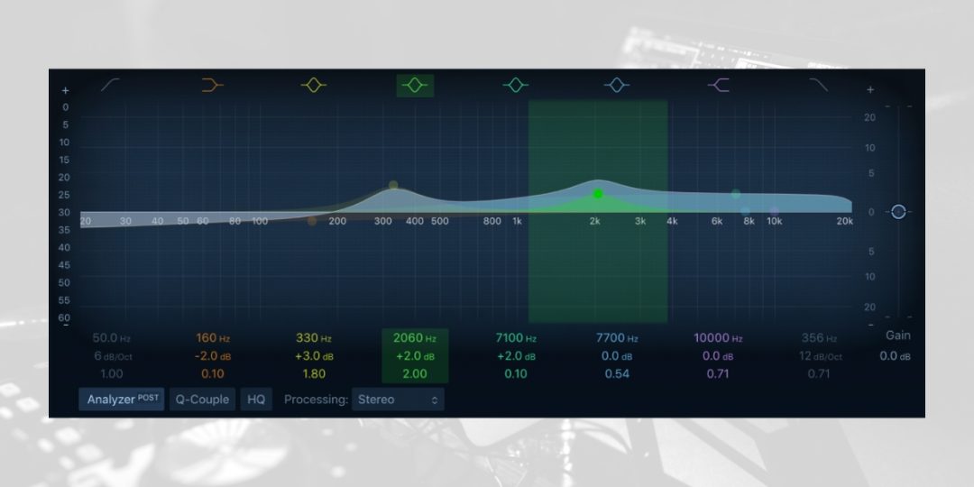 Audio equalizer interface displaying frequency adjustments across the sound spectrum, with boosted midrange frequencies highlighted on a digital EQ graph.