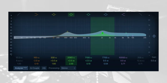 Audio equalizer interface displaying frequency adjustments across the sound spectrum, with boosted midrange frequencies highlighted on a digital EQ graph.