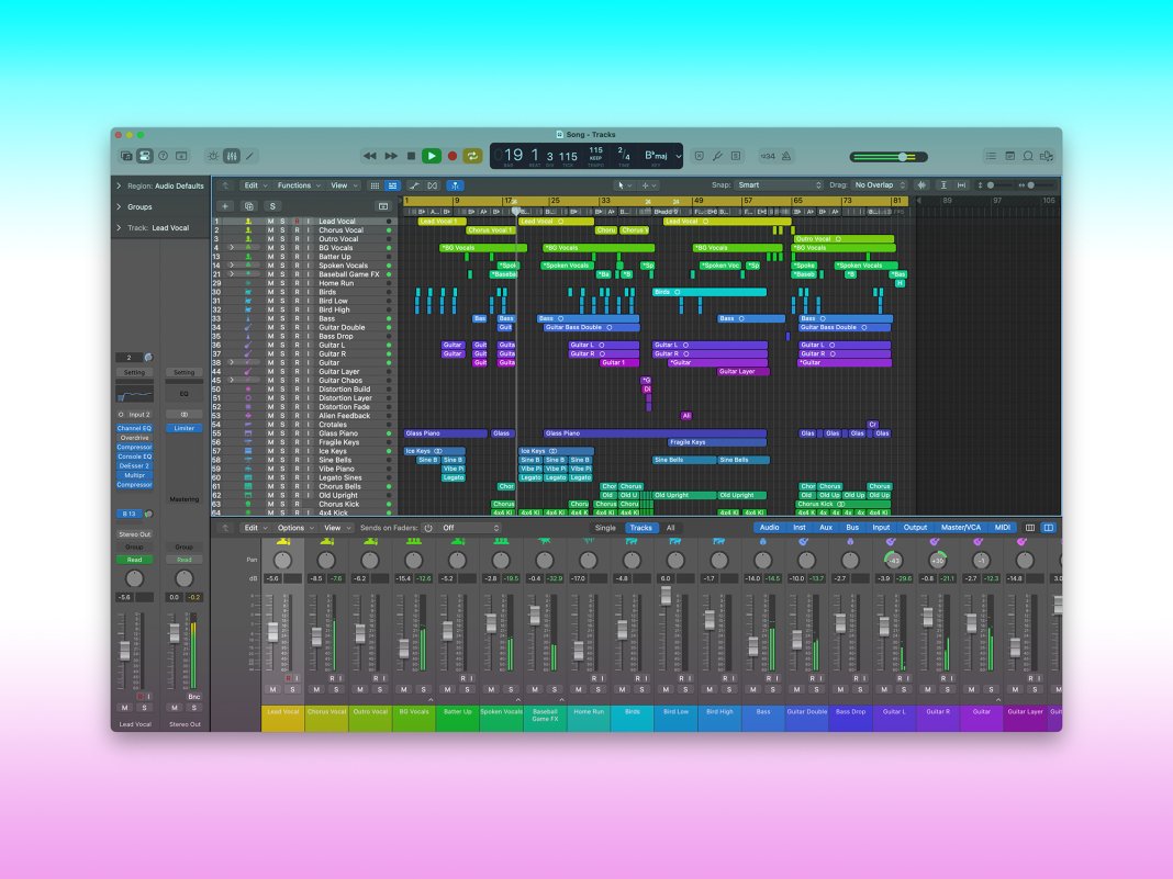 Logic Pro X interface displaying a full multitrack song session with labeled audio tracks including lead vocals, harmonies, guitars, bass, and keys, alongside the mixer view at the bottom, set against a colorful gradient background