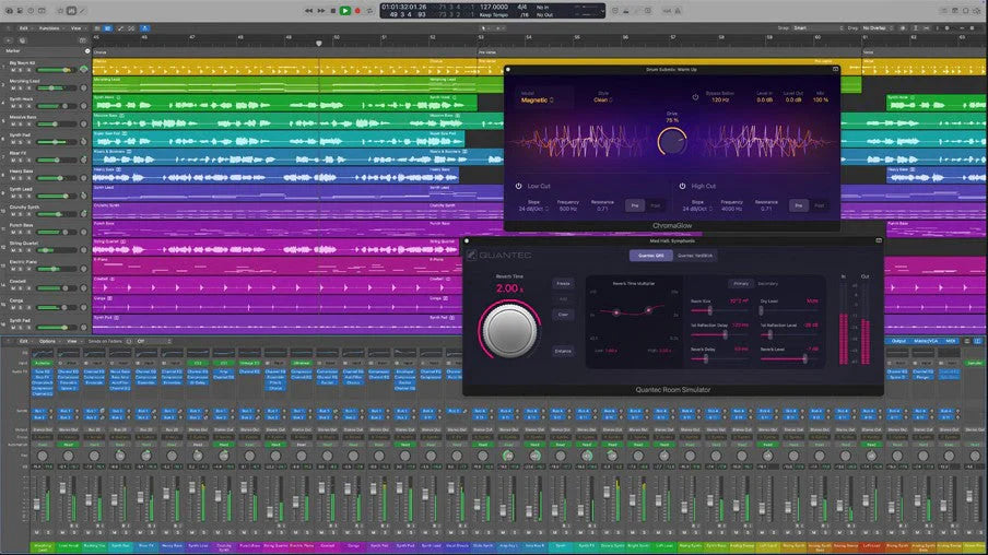 Logic Pro session with a dense multitrack arrangement of colorful audio regions, featuring two open plugin windows including the ChromaGlow saturation plugin and the Quantec Room Simulator reverb plugin