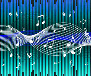 Abstract music waveform background with floating musical notes and glowing blue sound waves.