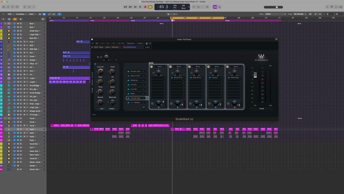 Computer screen showing a digital audio workstation with multiple vocal tracks, waveforms, and a mixing plugin interface open for audio processing.