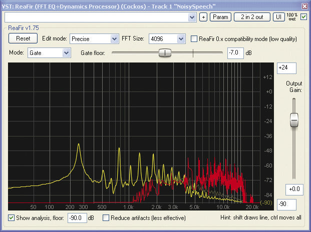 Audio plugin interface displaying a frequency spectrum analyzer and noise reduction settings, with waveform graphs used for filtering unwanted background noise from a recording.
