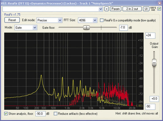 Audio plugin interface displaying a frequency spectrum analyzer and noise reduction settings, with waveform graphs used for filtering unwanted background noise from a recording.