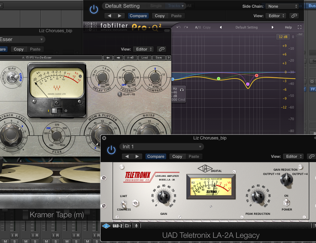 Music production session with EQ, tape, and compressor plugins open for vocal mixing.