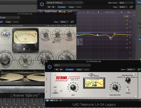 Music production session with EQ, tape, and compressor plugins open for vocal mixing.