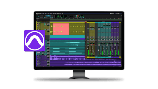 Pro Tools audio editing software open on a desktop monitor with multitrack music session visible.