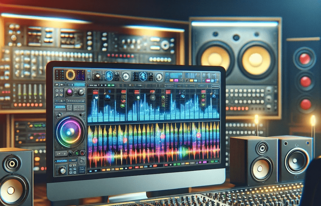 Audio engineering station with a monitor and speakers