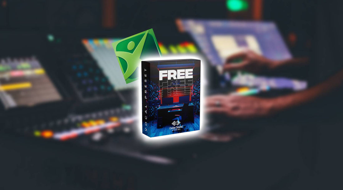 Free vocal preset box with the mixcraft logo behind it