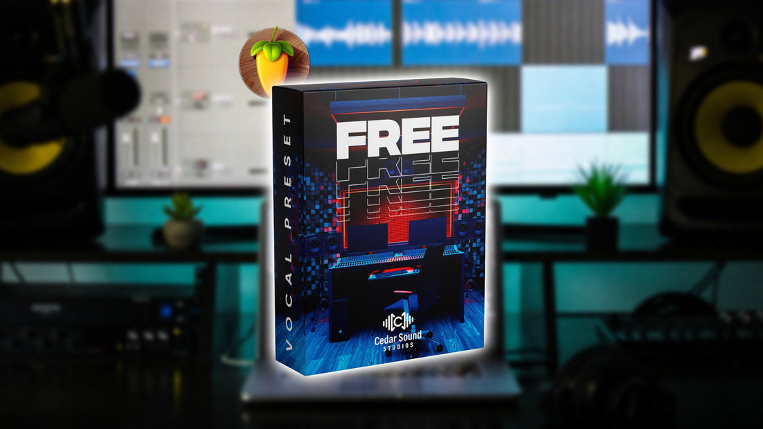 Free FL Studio Vocal Presets artwork with studio background and FL Studio Logo