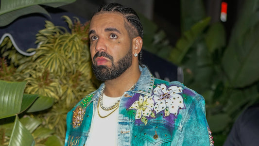 Man with braided hair and a trimmed beard wearing a colorful embroidered denim jacket and layered gold chains, standing outdoors surrounded by greenery.