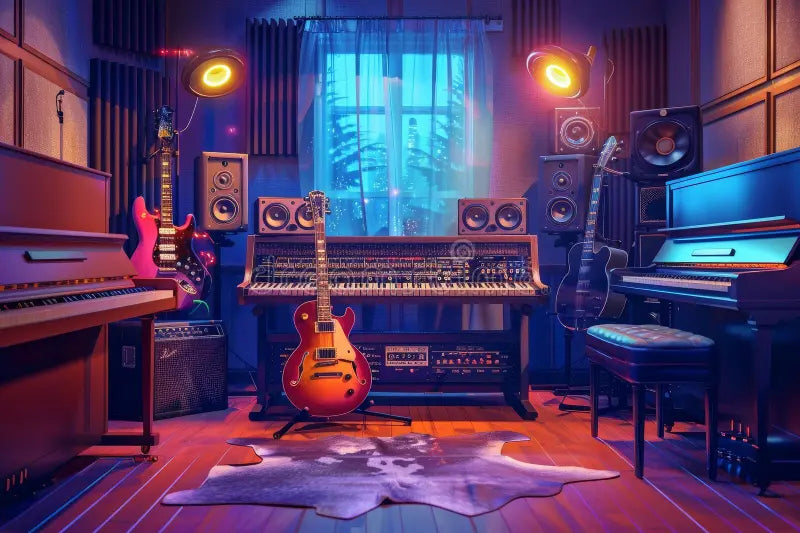 Colorful home music studio with guitars, keyboards, speakers, and recording equipment.
