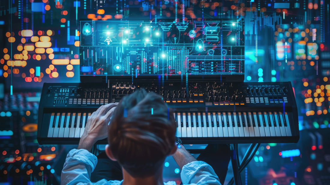 Person seen from above playing a digital keyboard in a futuristic studio, with a glowing holographic interface and colorful data visuals floating around the screen.