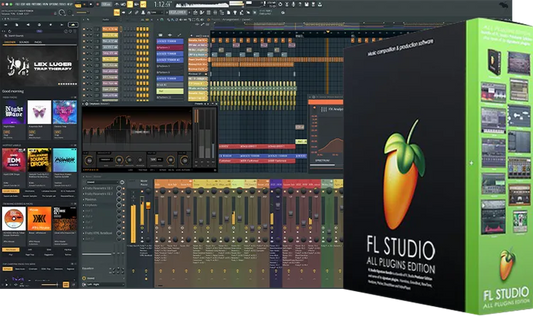 Screenshot of the FL Studio digital audio workstation showing the mixer, channel rack, playlist, and plugins, alongside the FL Studio All Plugins Edition product box.