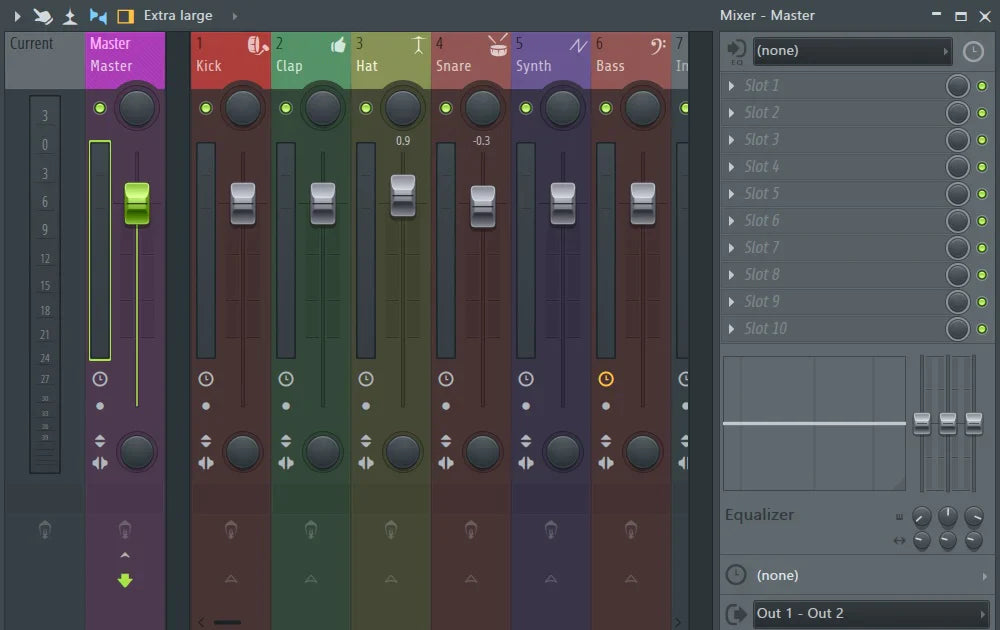 FL Studio mixer interface showing labeled channels including Master, Kick, Clap, Hat, Snare, Synth, and Bass, with faders, knobs, and an equalizer panel on the right side