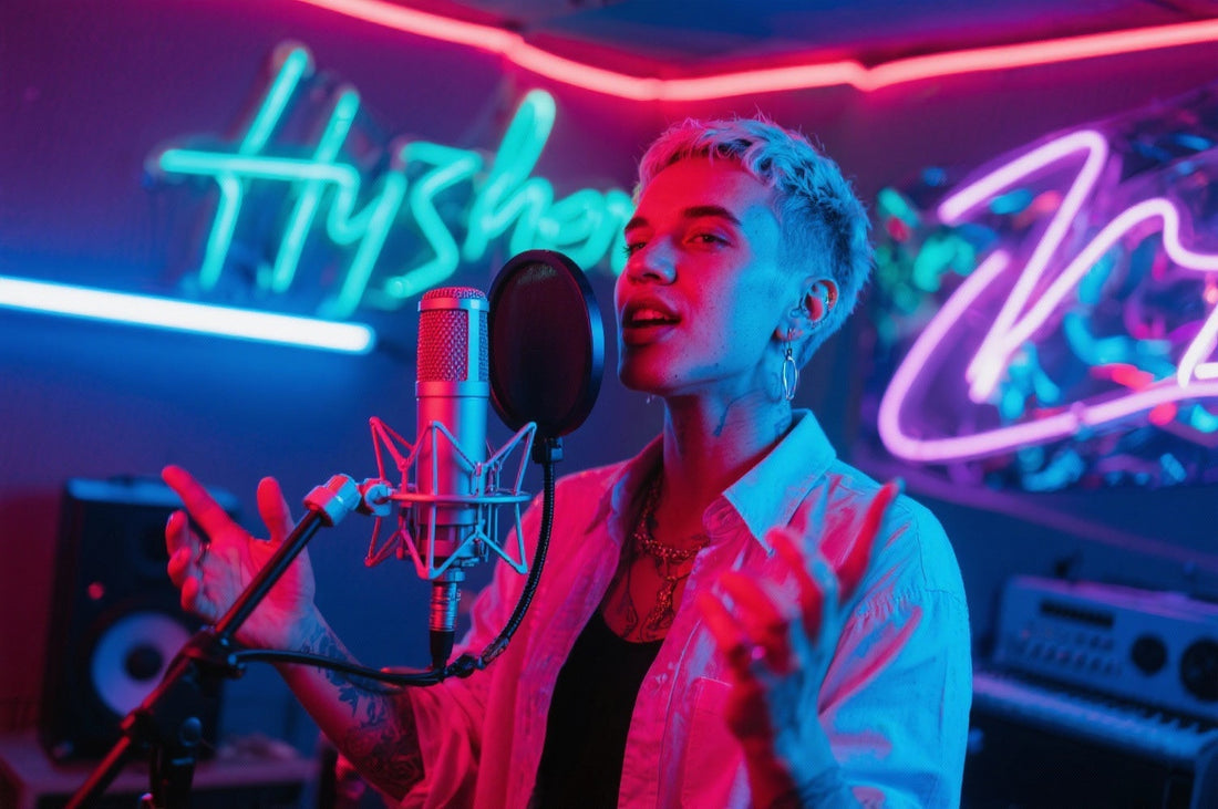 singer with a microphone in a neon room
