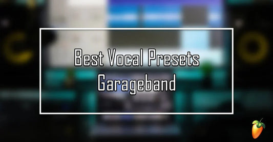 Thumbnail graphic with a blurred recording studio background and a white bordered text box displaying the words 'Best Vocal Presets GarageBand' with the FL Studio logo in the bottom right corner
