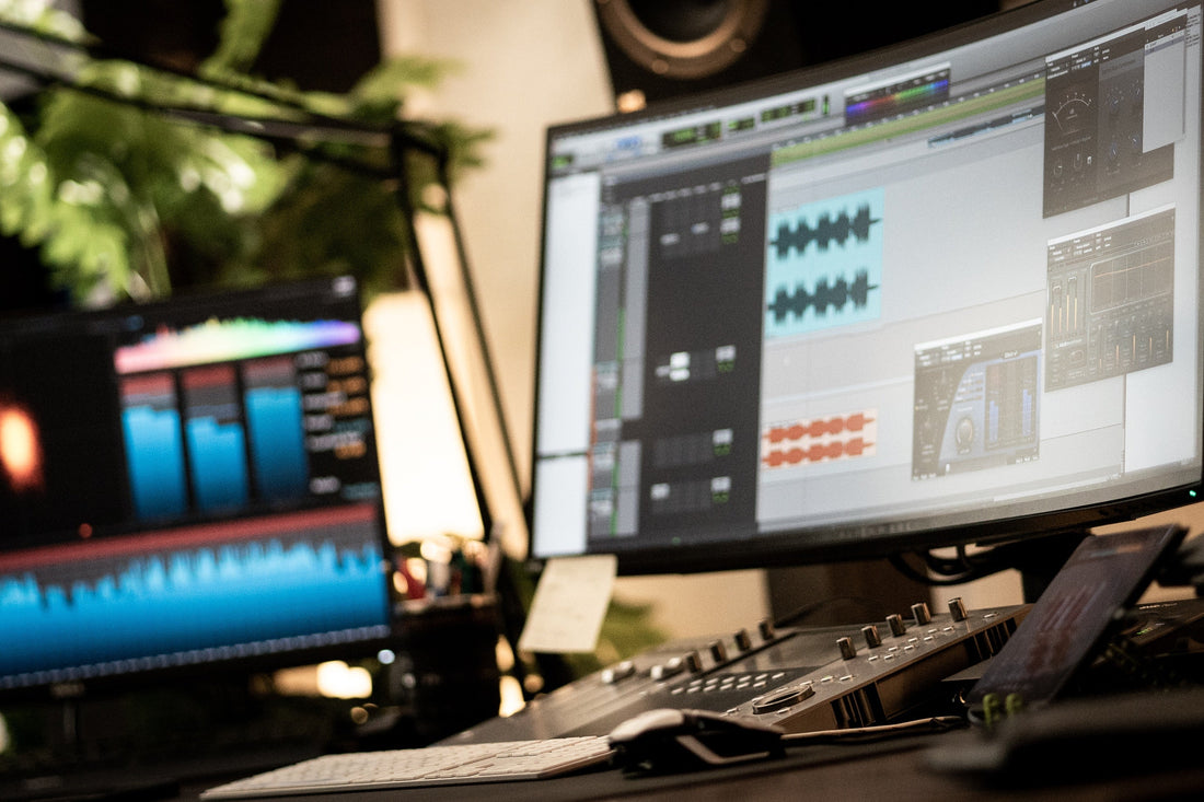 Two monitors with Digital Audio Workstation projects open