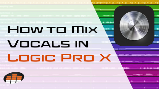 Thumbnail graphic with the text 'How to Mix Vocals in Logic Pro X' displayed over a colorful multitrack arrangement background with the Logic Pro X app icon