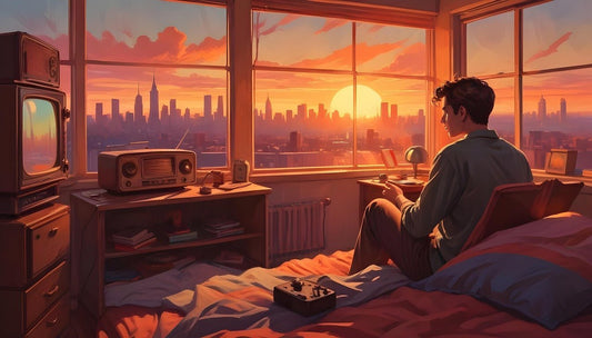 man in his room looking out a window with a sunset in the background