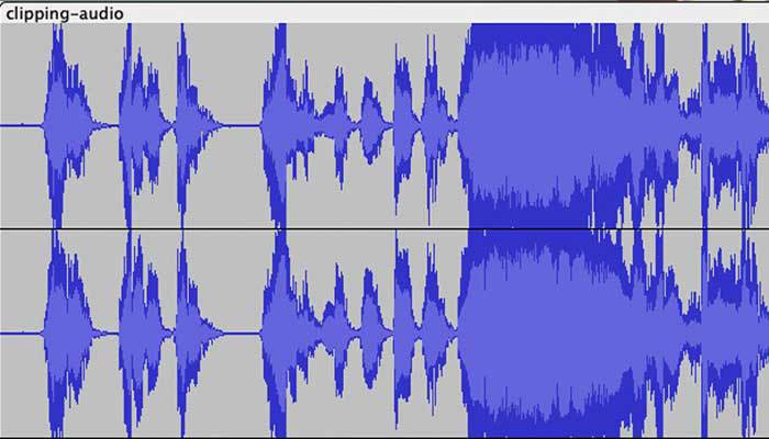 Audio waveform showing severe clipping and distortion, with flattened peaks indicating the signal exceeds the maximum recording level.