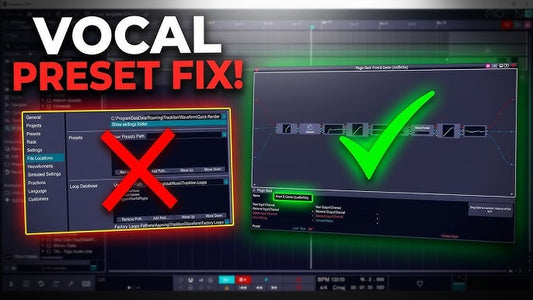 Tutorial thumbnail showing a vocal preset troubleshooting guide, with an incorrect settings window marked by a red X and a corrected preset chain highlighted with a green checkmark.
