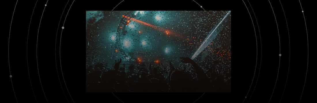 Vibrant EDM party scene with neon lighting, DJ setup, and energetic crowd atmosphere.