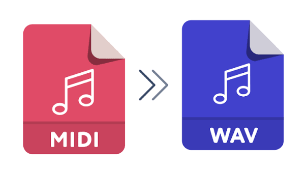 Graphic showing a MIDI file icon being converted into a WAV file icon, connected by an arrow indicating audio file conversion.