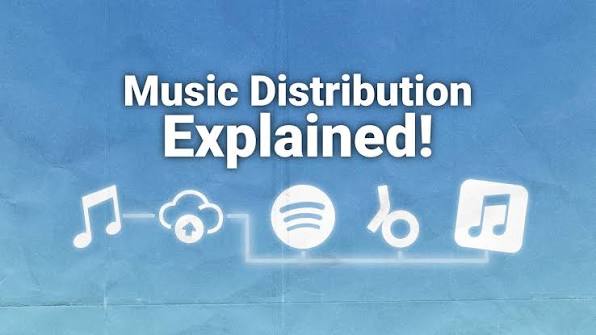 Graphic explaining music distribution, showing a song being uploaded to cloud services and distributed to streaming platforms and digital music stores.