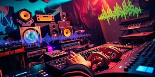 Music producer working at a mixing console in a colorful recording studio, surrounded by speakers, audio equipment, and digital sound wave visualizations.
