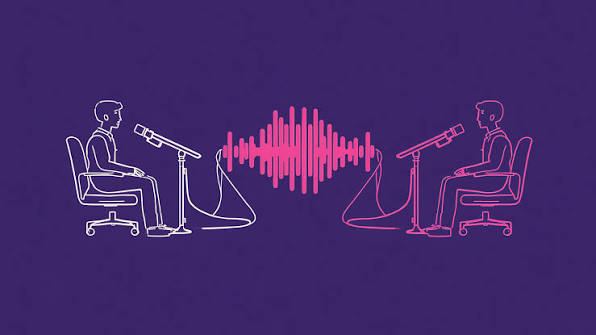 Illustration of two people recording a podcast with microphones, connected by an audio waveform graphic representing conversation and sound recording.