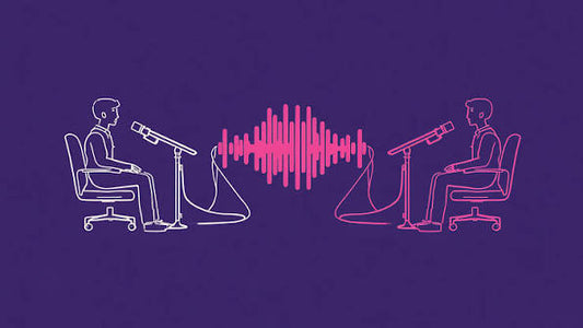 Illustration of two people recording a podcast with microphones, connected by an audio waveform graphic representing conversation and sound recording.