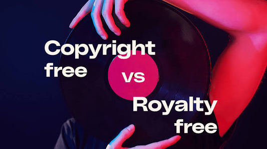 Promotional graphic comparing copyright-free and royalty-free music, featuring a vinyl record held by hands with bold text over a colorful neon background.