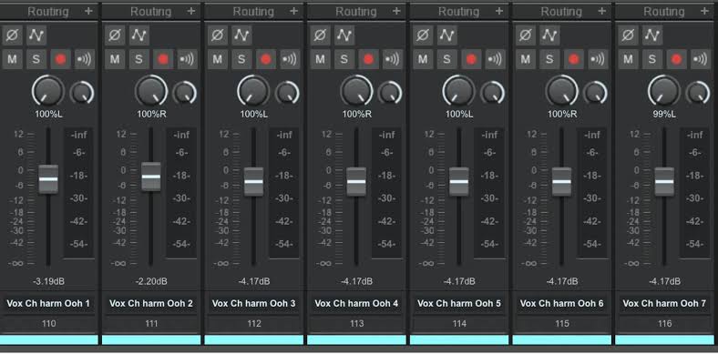 Audio mixing console displaying multiple vocal harmony channels, each with volume faders, pan controls, and routing settings for vocal production.