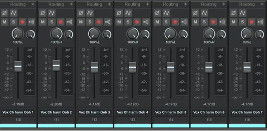 Audio mixing console displaying multiple vocal harmony channels, each with volume faders, pan controls, and routing settings for vocal production.