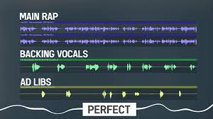 DAW audio track layout showing three labeled vocal layers — Main Rap, Backing Vocals, and Ad Libs — displayed as colored waveforms on a dark background with the word 'Perfect' at the bottom