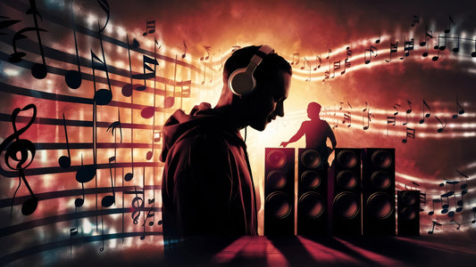 Silhouette of a music producer wearing headphones, surrounded by floating musical notes and speakers, symbolizing immersive sound mixing and audio creativity.