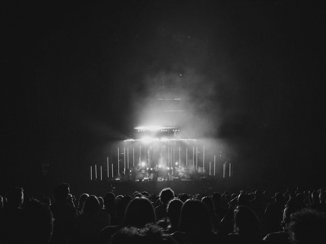 Black and white shoegaze convert with crowd, band, and smoke