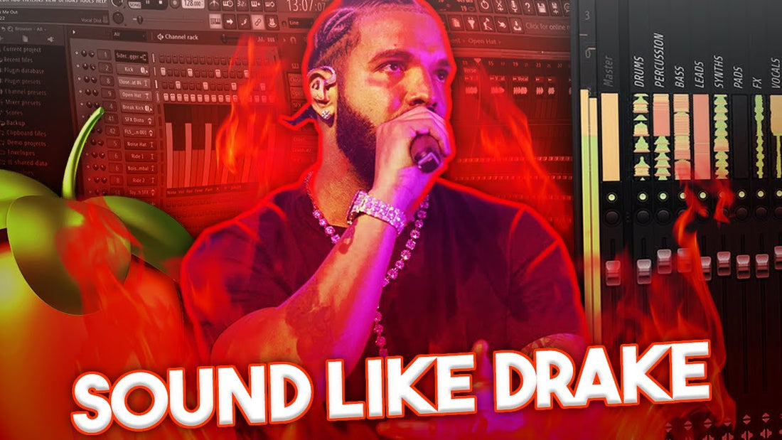 Thumbnail graphic with a male performer holding a microphone overlaid on an FL Studio interface with flame effects and the bold text 'Sound Like Drake' at the bottom